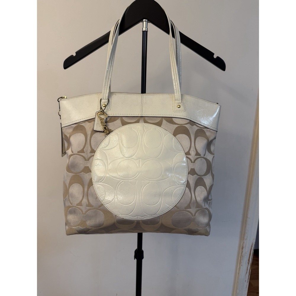 Coach Signature Laura Khaki & White Leather Logo Handbag.